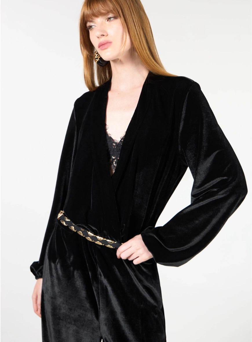 Wrap-Front Velvet Jumpsuit – Black