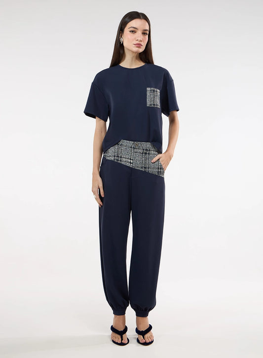 Barrel-Leg Pants with Tweed Detail