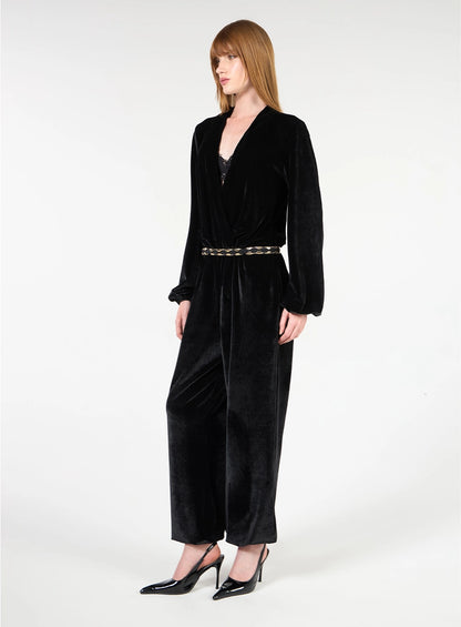 Wrap-Front Velvet Jumpsuit – Black