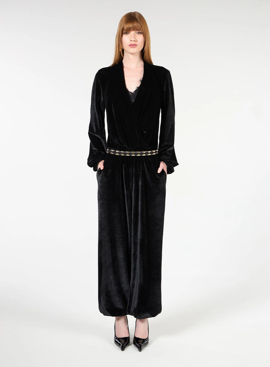 Wrap-Front Velvet Jumpsuit – Black