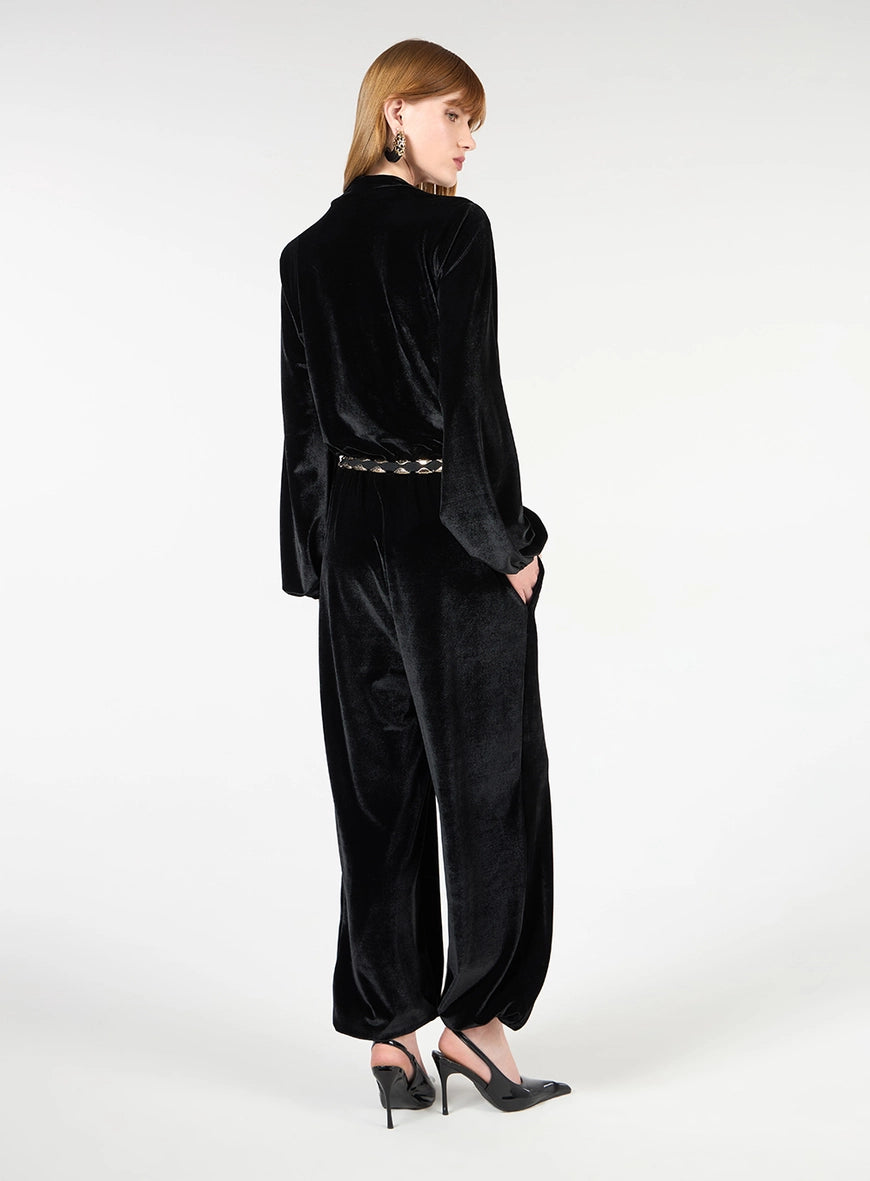 Wrap-Front Velvet Jumpsuit – Black
