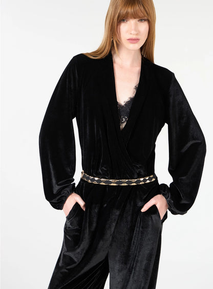 Wrap-Front Velvet Jumpsuit – Black