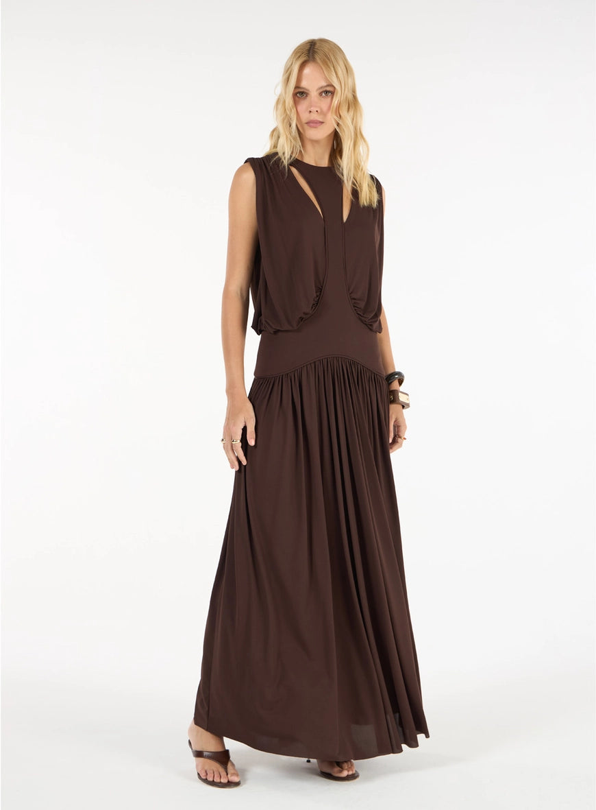 Long Tulle Dress with Cutouts – Brown