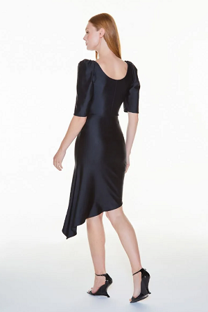 SCULPT MIDI DRESS WITH RUFFED NECKLINE