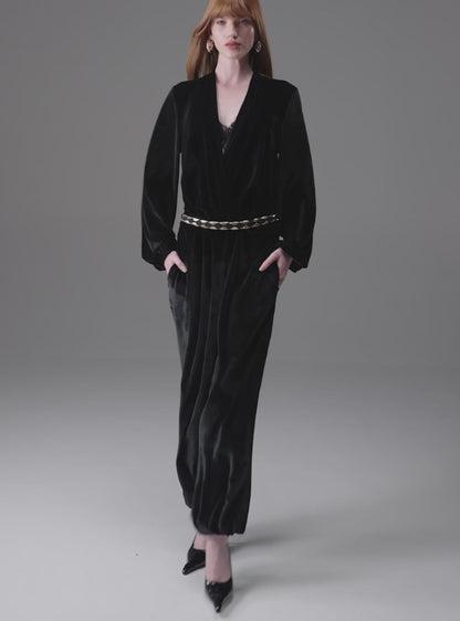 Wrap-Front Velvet Jumpsuit – Black