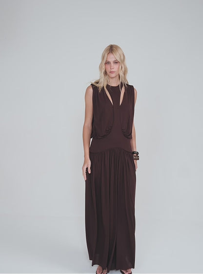 Long Tulle Dress with Cutouts – Brown