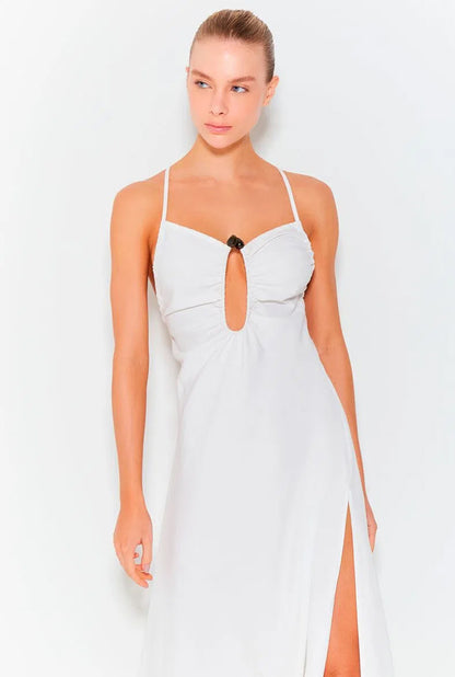 LONG SINGLE FRONT DRESS WITH RING ON THE BUST