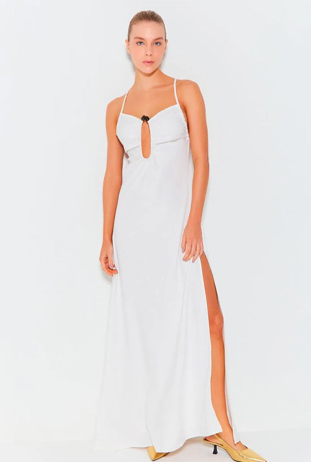 LONG SINGLE FRONT DRESS WITH RING ON THE BUST